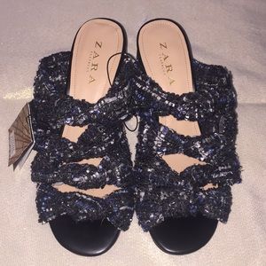 Zara Navy Tweed Sandal 38 New with Tags